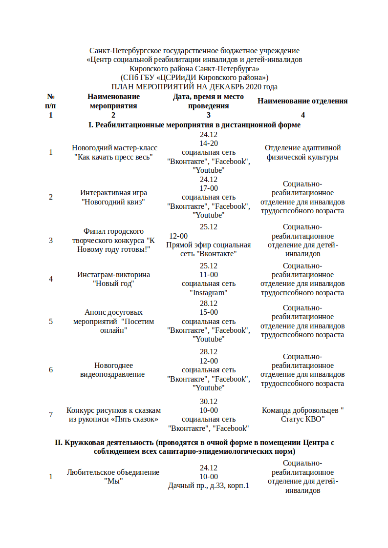 План мероприятий на декабрь – Санкт-Петербургское государственное бюджетное  учреждение