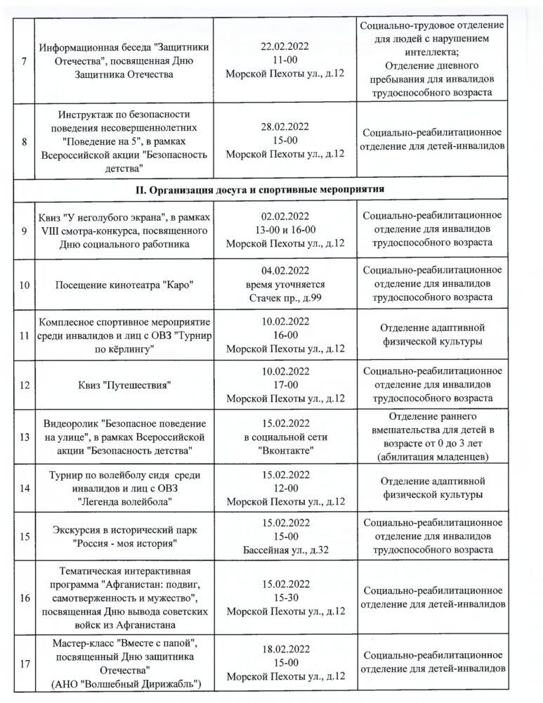 План мероприятий на февраль – Санкт-Петербургское государственное бюджетное  учреждение