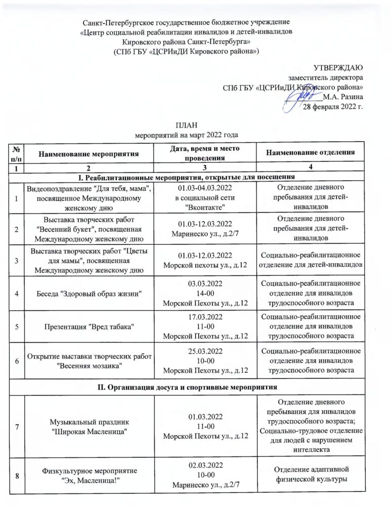 План мероприятий на март – Санкт-Петербургское государственное бюджетное  учреждение