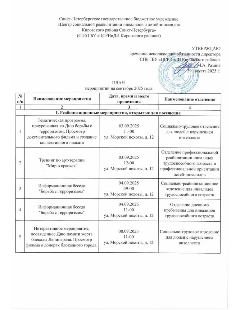 План мероприятий на сентябрь План мероприятий на сентябрь
