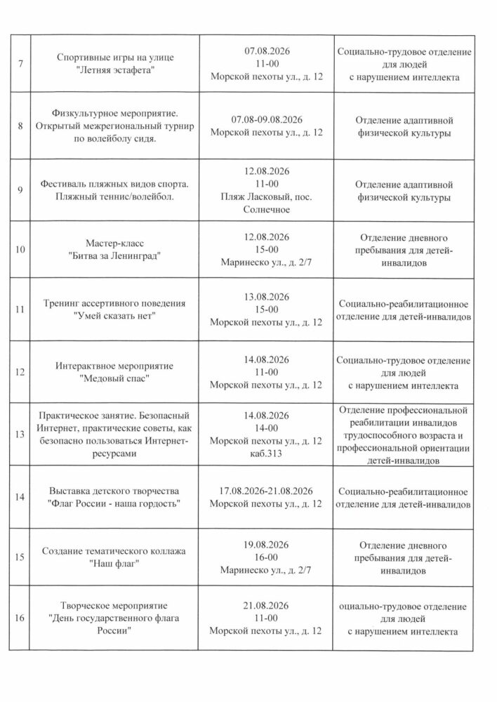 План мероприятий на август