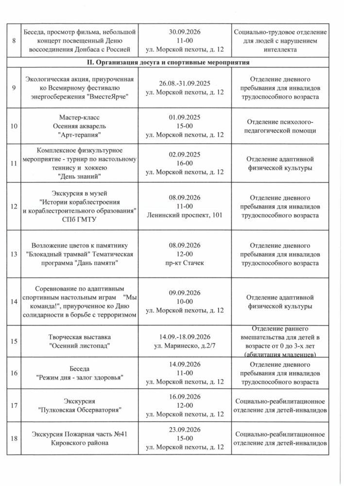 План мероприятий на сентябрь
